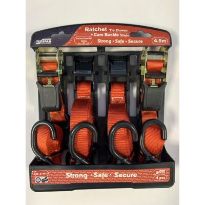 Ratchet Tie Down + Cambuckle Straps 4.5m LC 250kg 4pcs 